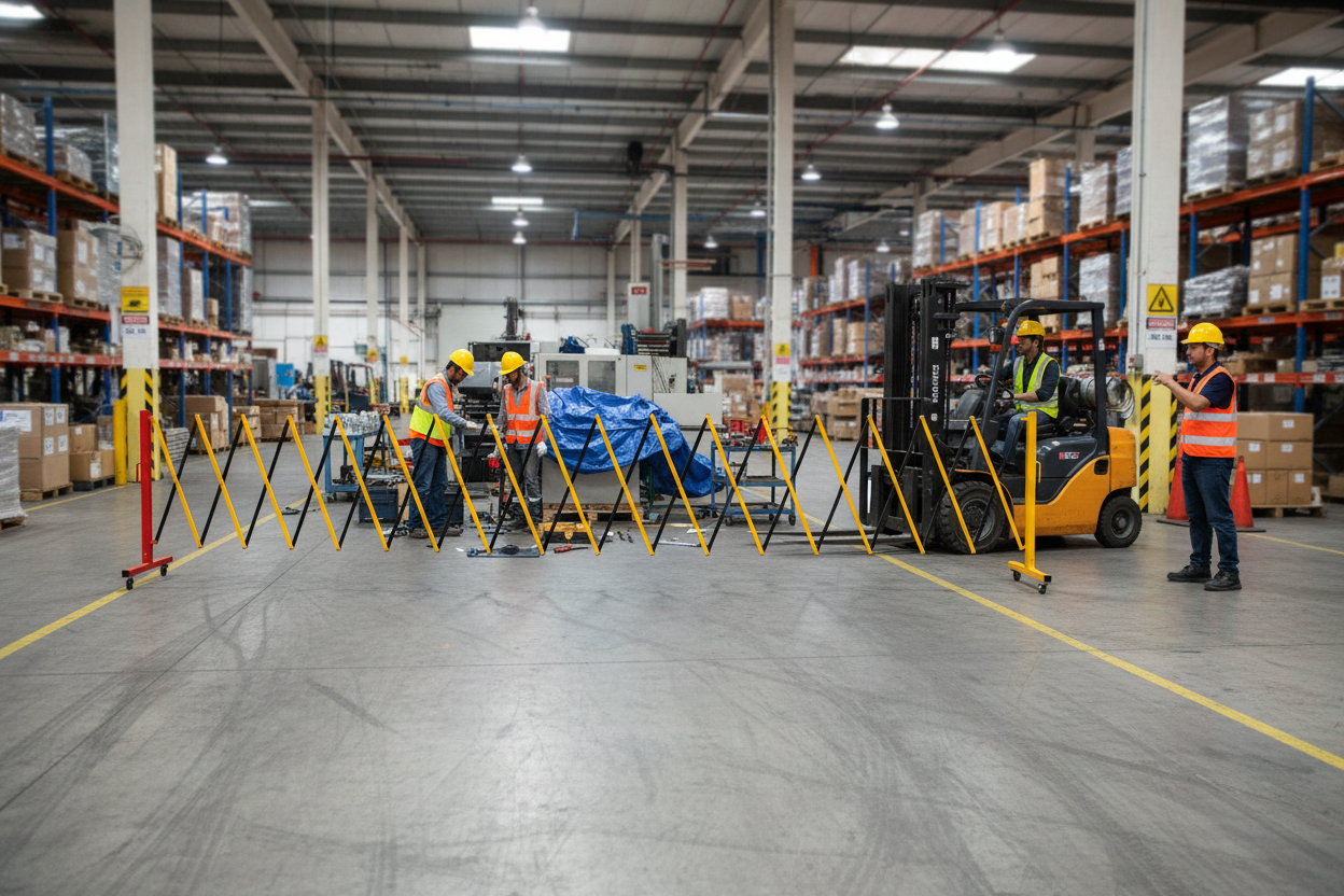 Premium Expanding Barrier Gate on Wheels - Flexible and High Visibility with Easy Connection for Temporary Use in Warehouses and Shops
