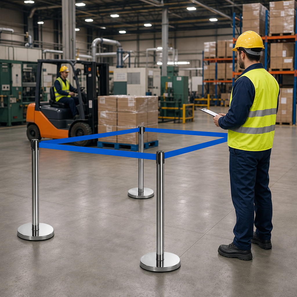 Belt Stanchion Set with Retractable Blue Belt for Event Management (Pack of 4)