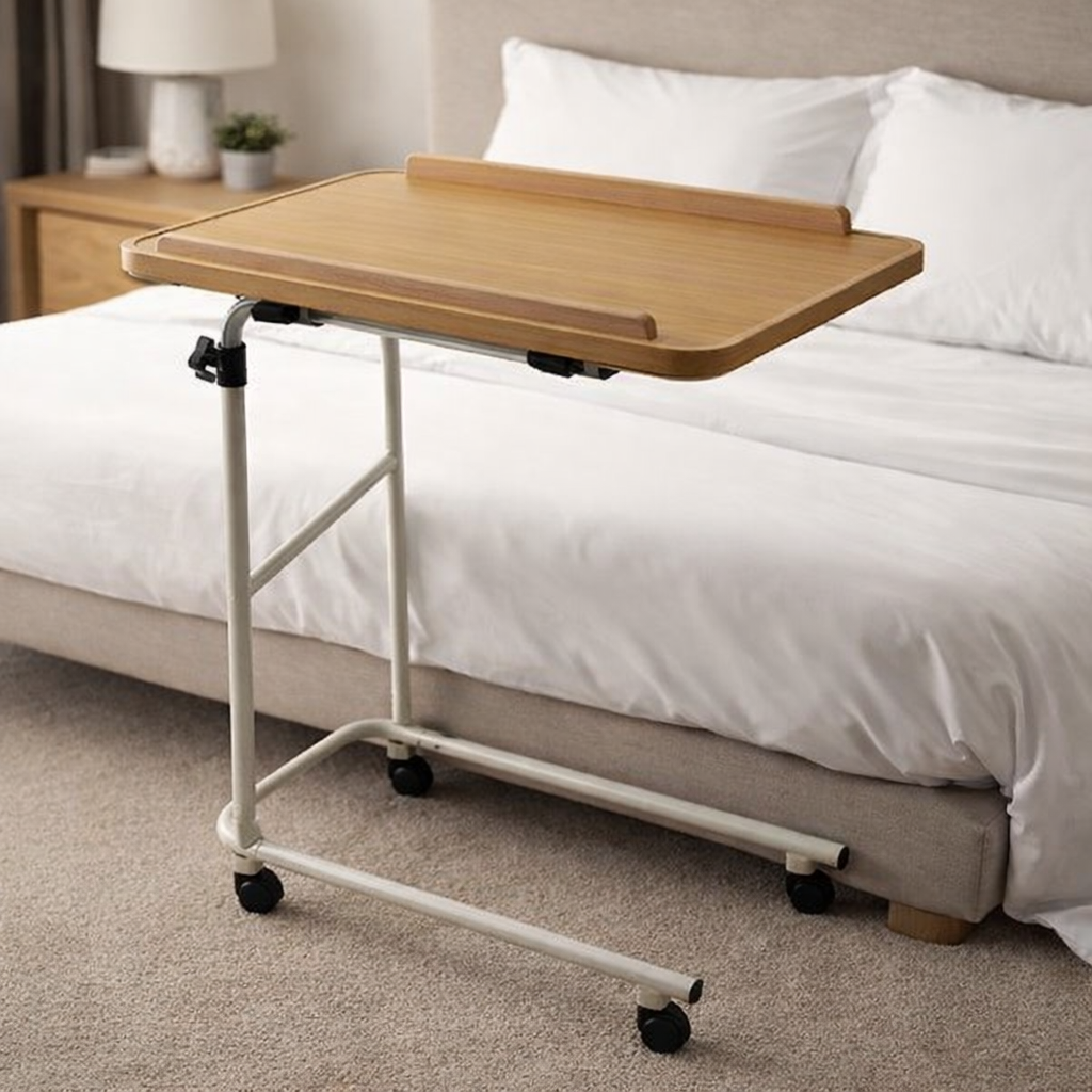 Adjustable Over Bed Table – White – Steel Frame – Mobility Aid