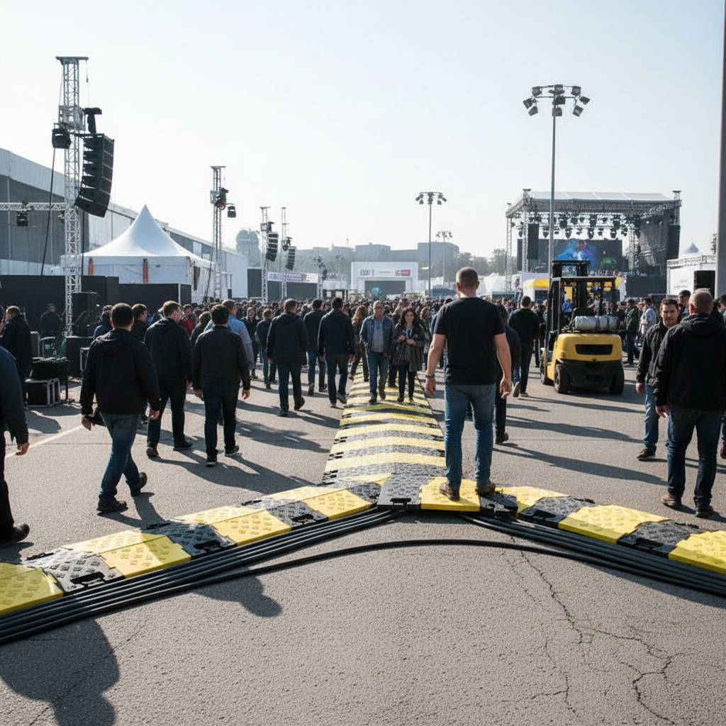 Premium 3 Channel Traffic-Line Cable Protector Ramp for Heavy-Duty Vehicle Use with Hinged Lid and Anti-Slip Features