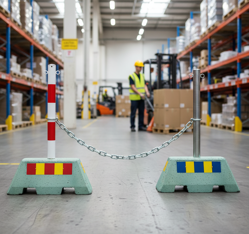 Premium Complete Barrier Solution with Concrete Block and Steel Chain Post for Construction Sites and Traffic Control