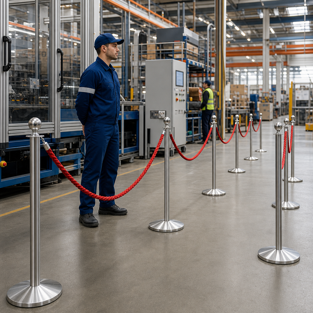 Silver Rope Barrier Set with Red Ropes for Event Management (Pack of 10)