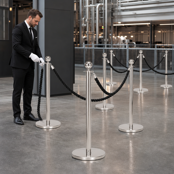 Silver Rope Barrier Set with Black Ropes for Event Management (Pack of 6)