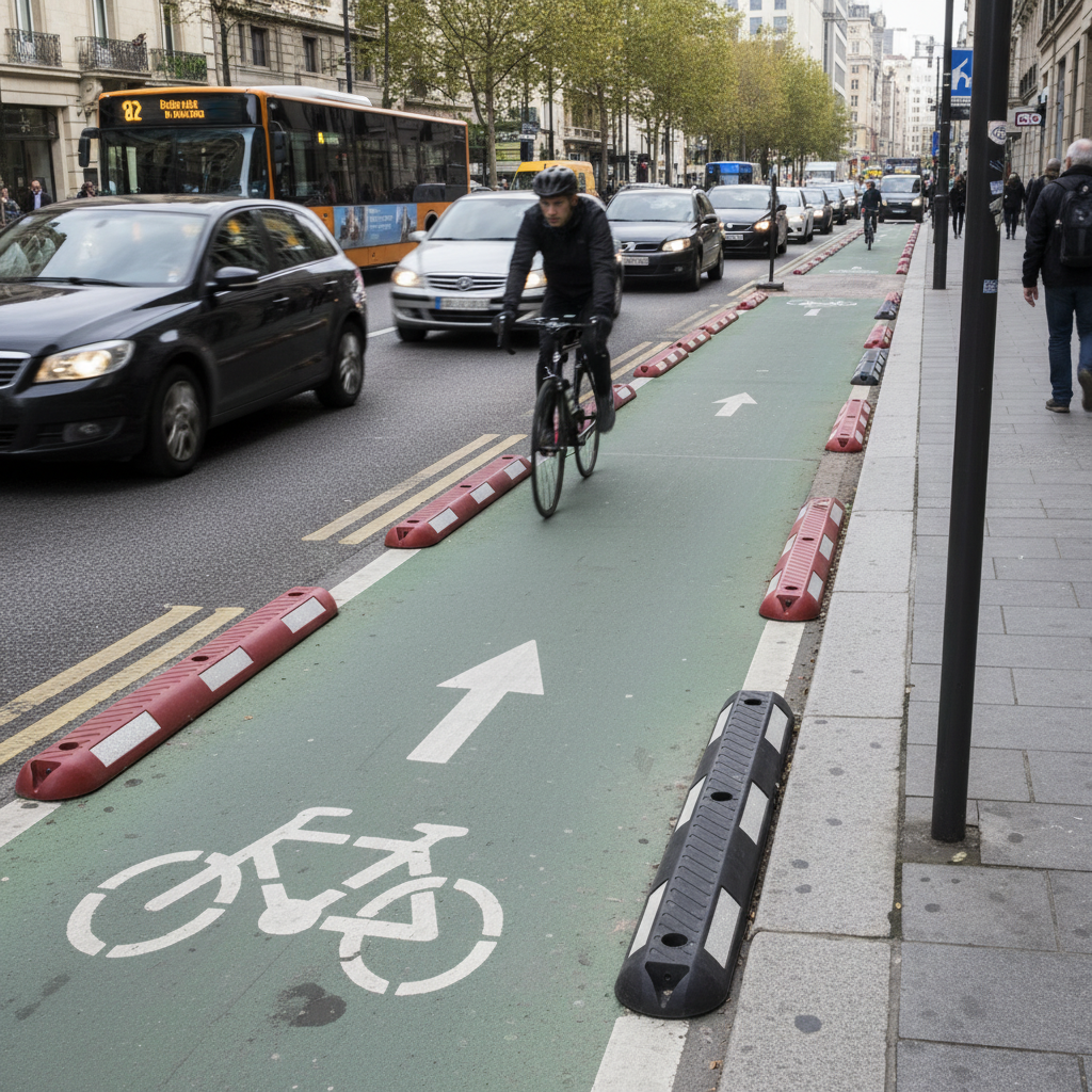 Premium Recycled Rubber Cycle Lane Separator with High Visibility Reflective Panels for Safe... - side view | Barriers Co