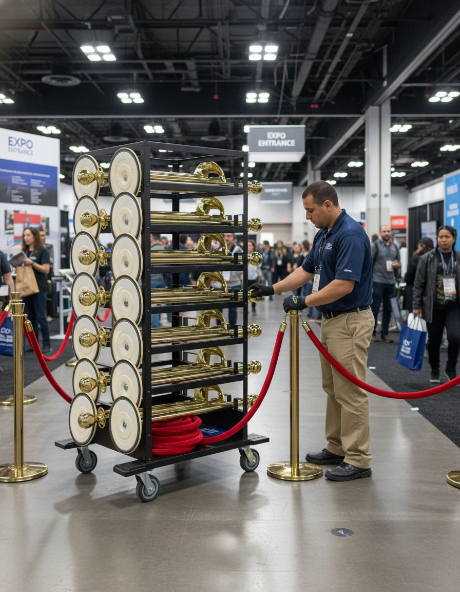 Professional Barrier Package with 18 Posts, Red Ropes, and Transport Trolley for Event Setup