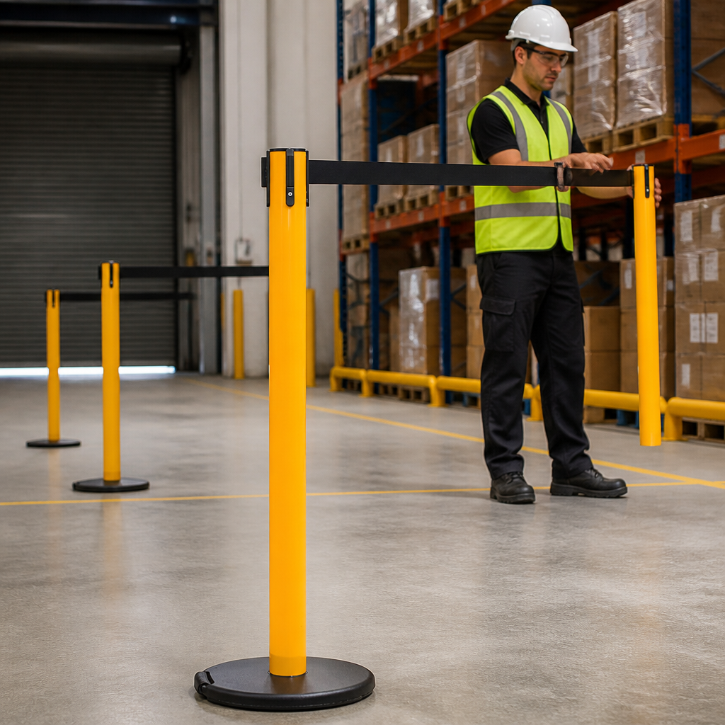 Belt Barrier System with Inbuilt Roller 4.9m for Safety Zones