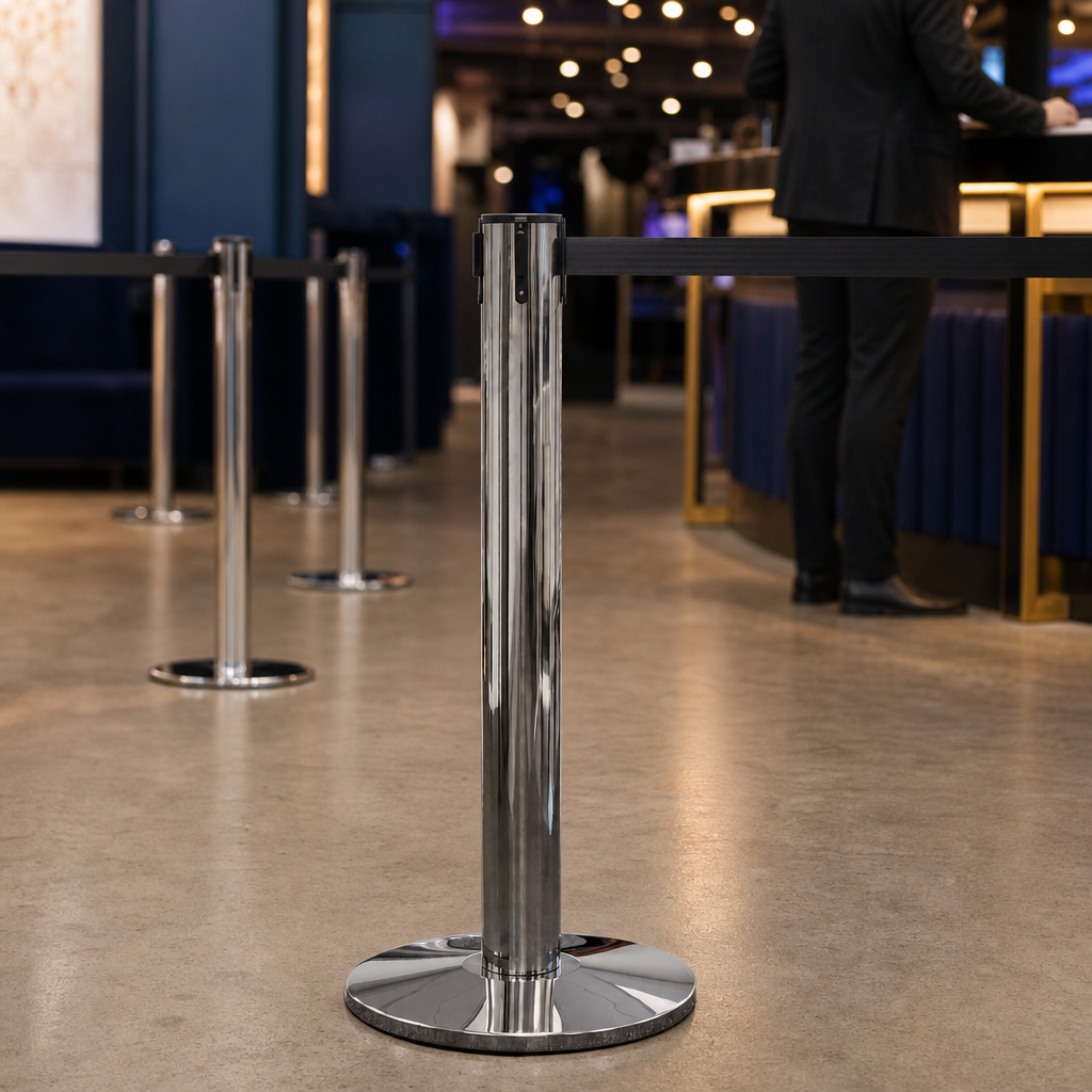 QueuePro 400 Belt Barrier System with Polished Stainless Post for Event Spaces