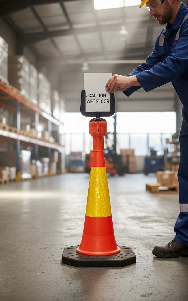 Professional Traffic Cone Sign Kit with Robust Sign Holder and 100 cm High-Visibility Cone for Outdoor Signage Solutions
