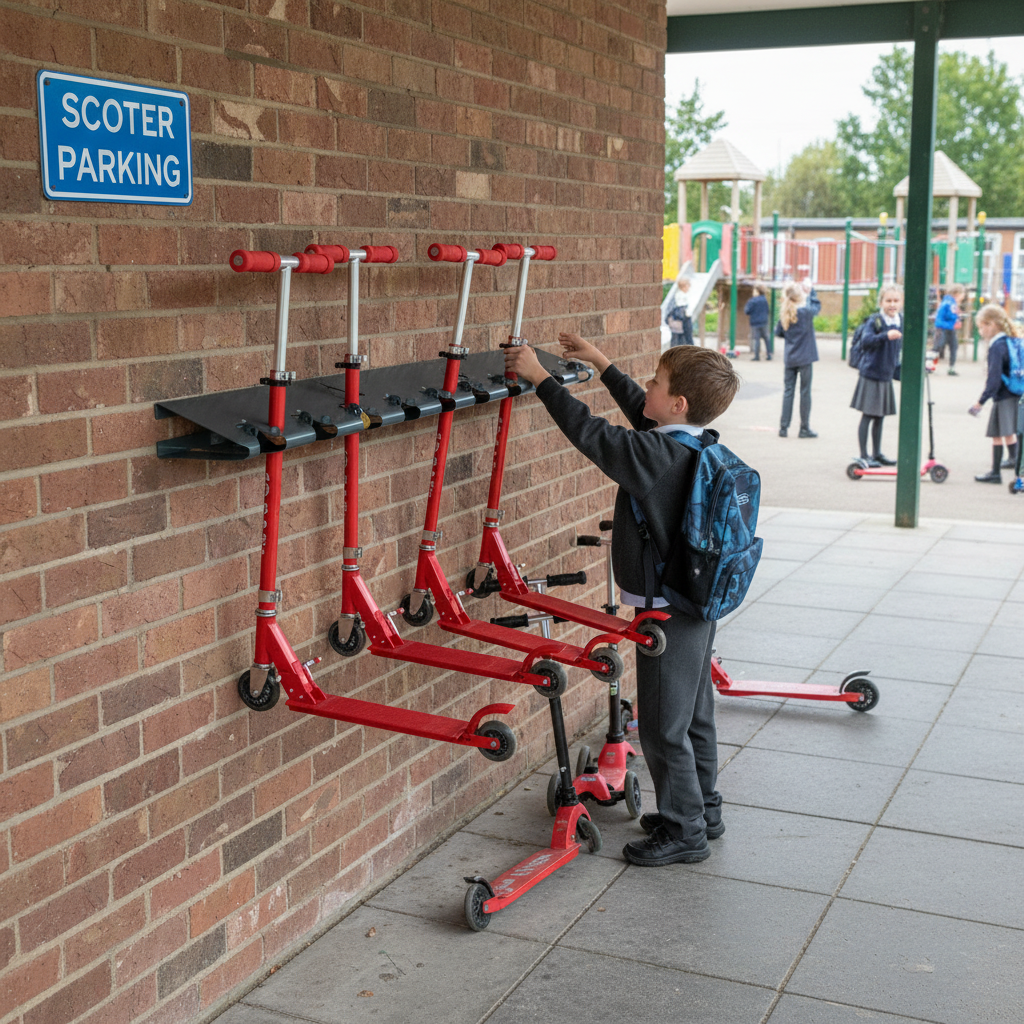 Premium Wall-Mounted Scooter Rack - 6 Space Galvanised Steel with Locking System for Secure Storage - side view | Barriers Co