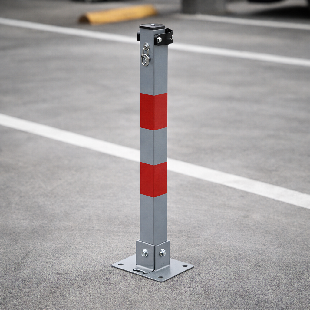 Folding Parking Bollard – Silver/Red – Heavy Duty – Commercial Use