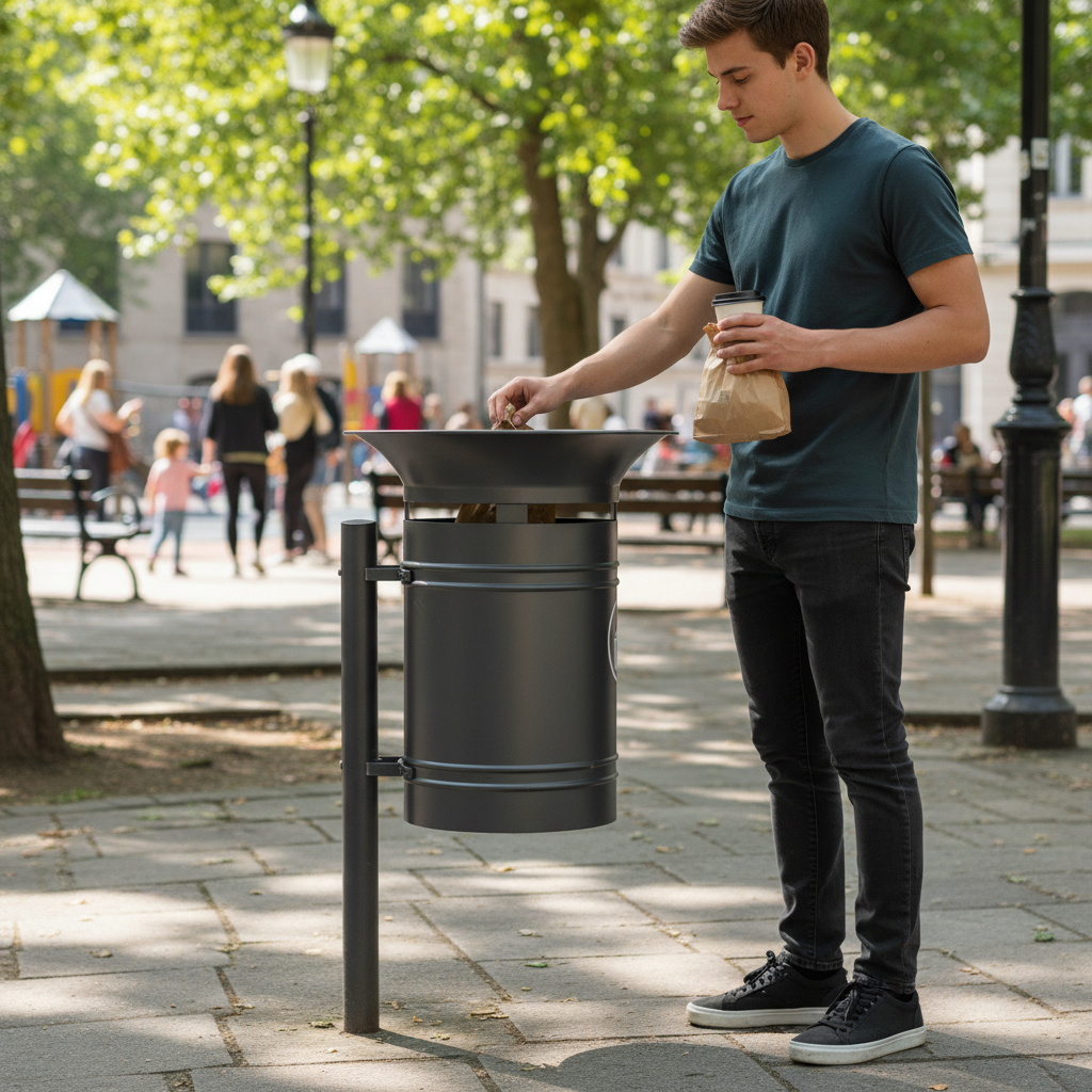 Premium Outdoor Litter Bin with 40L Capacity, Flared Top Design for Green Spaces and Public Areas - side view | Barriers Co