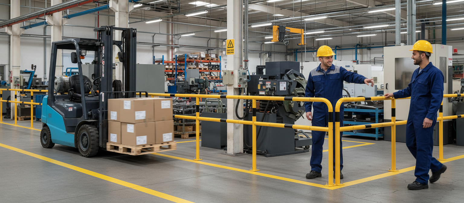 Premium Modular Protective Railing System - Steel Tube Ø 48 mm with High Visibility Yellow Powder Coating and Black Stripes for Versatile Use