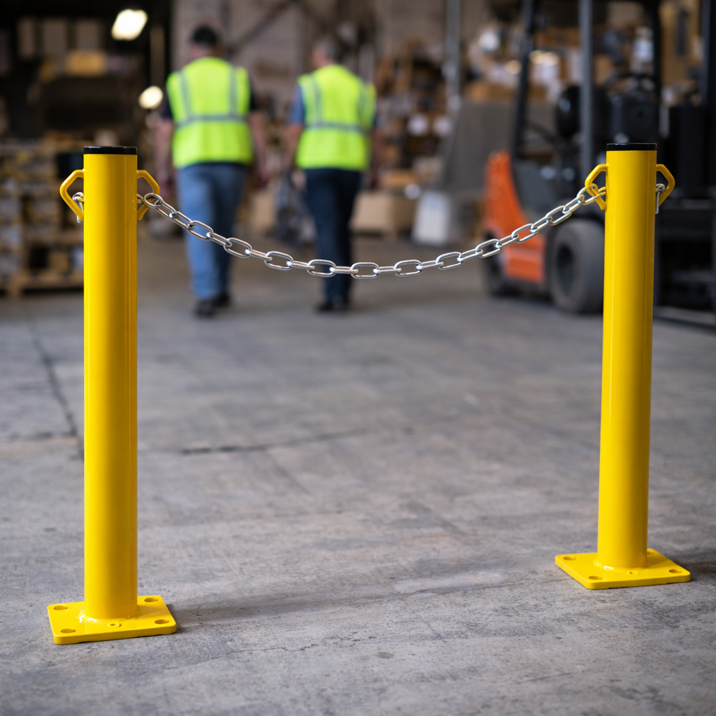 Security Bollard – Yellow – Fixed with Chain Hooks – Outdoor Use