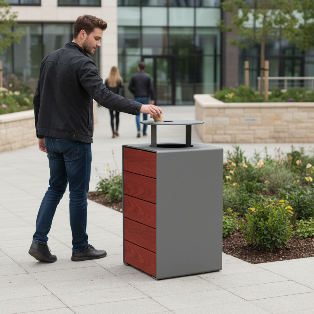 Heavy Duty 120L Litter Bin with Steel and Hardwood Design for Indoor and Outdoor Use - side view | Barriers Co