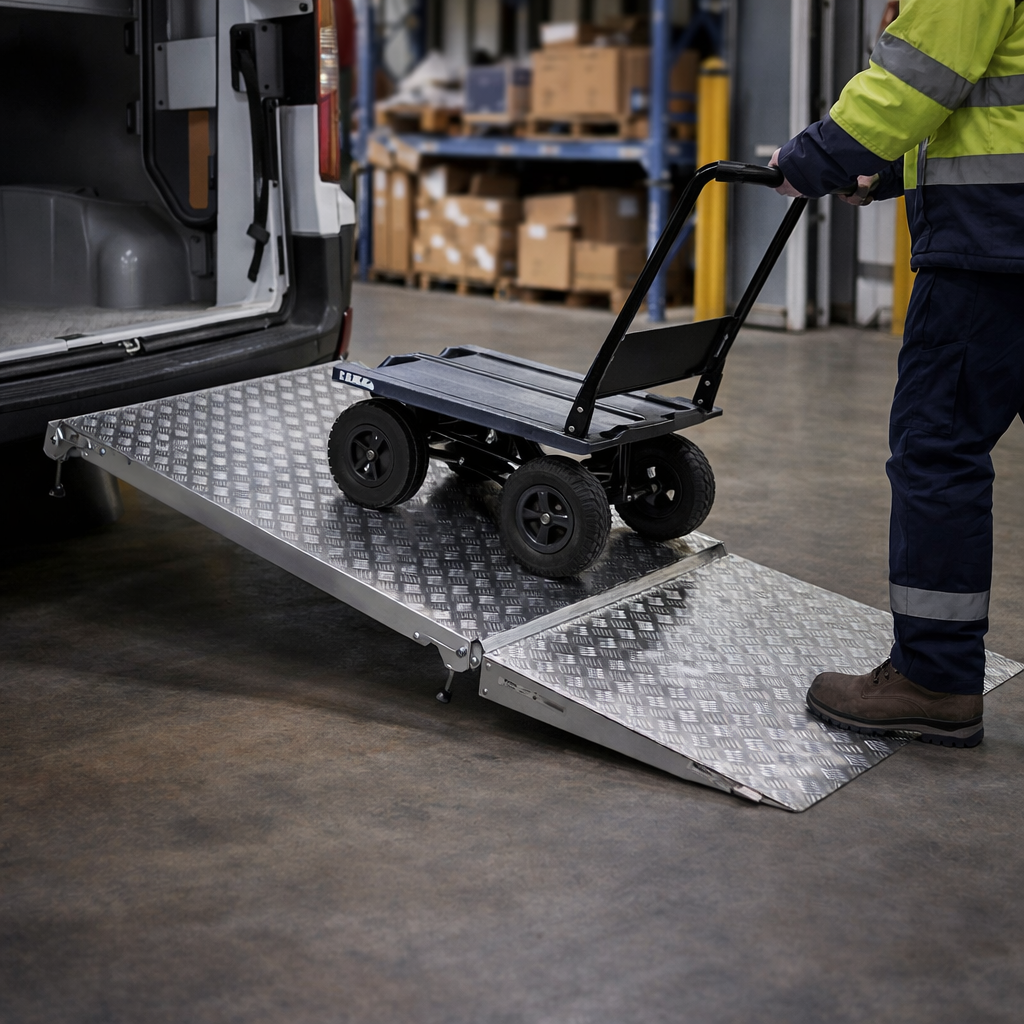 Folding Drive In Ramp – 1250mm + 450mm x 750mm – 300kg Capacity – Wheelchair & Scooter Access