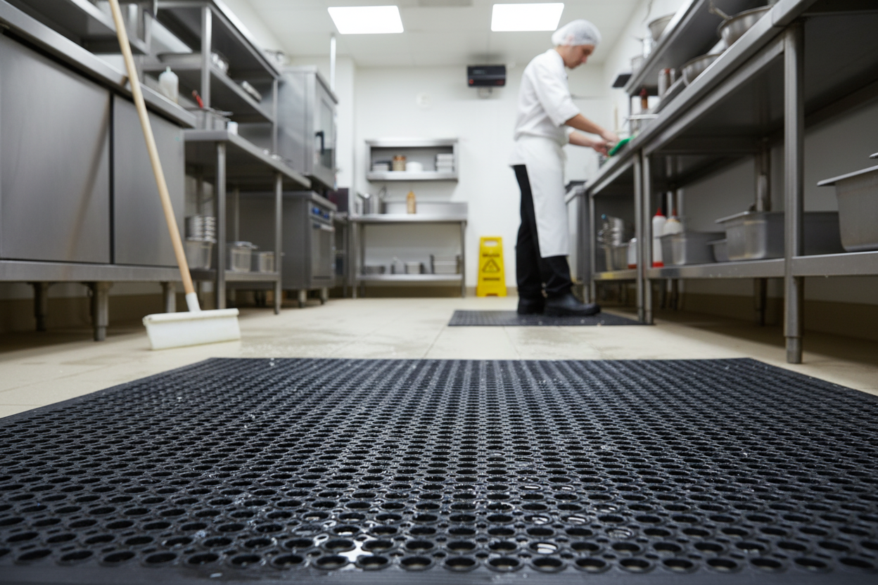 Premium Heavy Duty Anti-Slip Rubber Mat with Open Design for Water Drainage and Trip Hazard Reduction, 12mm Thickness