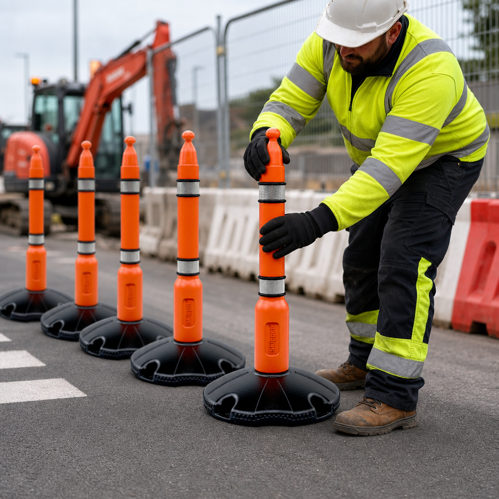 Skipper Barrier Post and Base System with Reflective Strips for Traffic Management