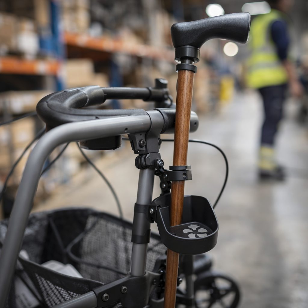 Walking Stick Holder – White – Secure Attachment – Rollator Accessory