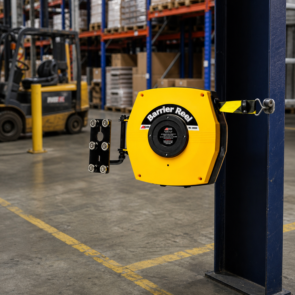 Retractable Safety Barrier Reel with Magnetic Mounting for Industrial Use
