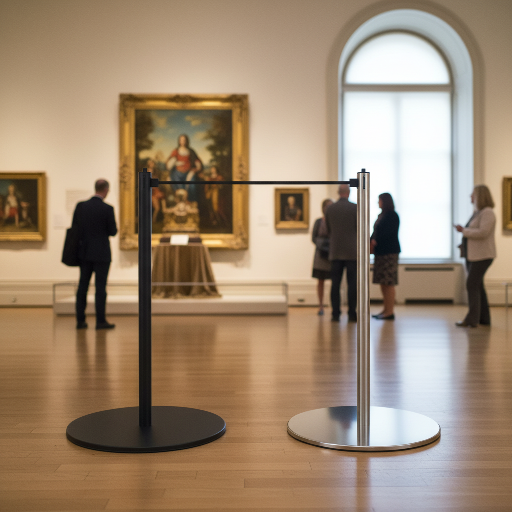 Premium Heavy Duty Museum Stanchion - Stylish Brushed Chrome or Black with Expandable Elastic Cord System