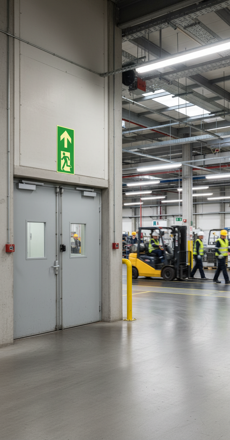 Premium Vertical Emergency Exit Sign in Aluminum with Glow-in-the-Dark Finish, Compliant with ISO 7010 Standards