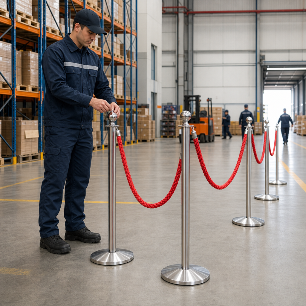 Silver Rope Barrier Set with Red Ropes for Event Management (Pack of 10)