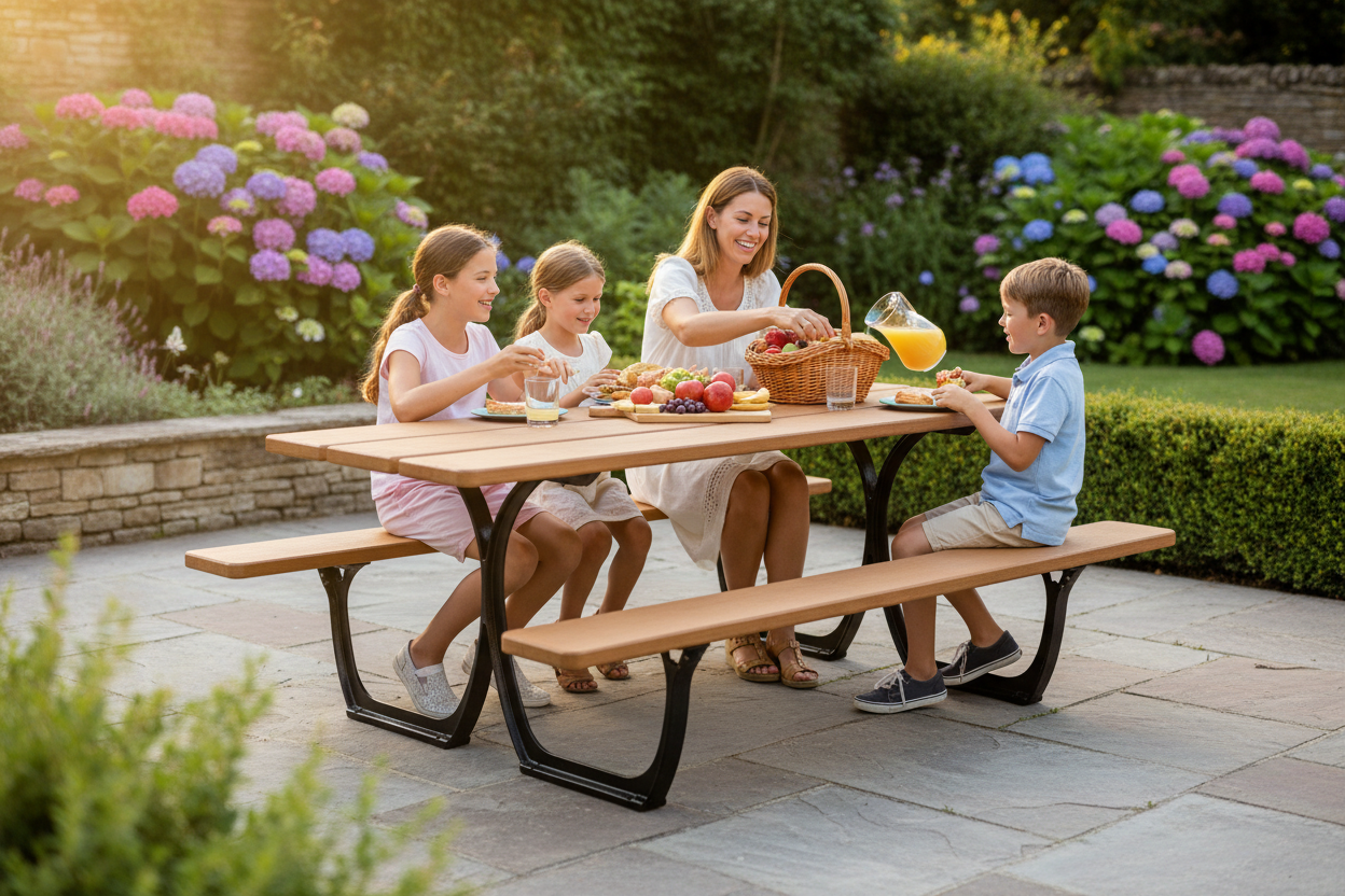 Heavy Duty Picnic Bench with Cast Iron Frame and Hardwood Slats - 2m Long, Ideal for Outdoor Use - side view | Barriers Co