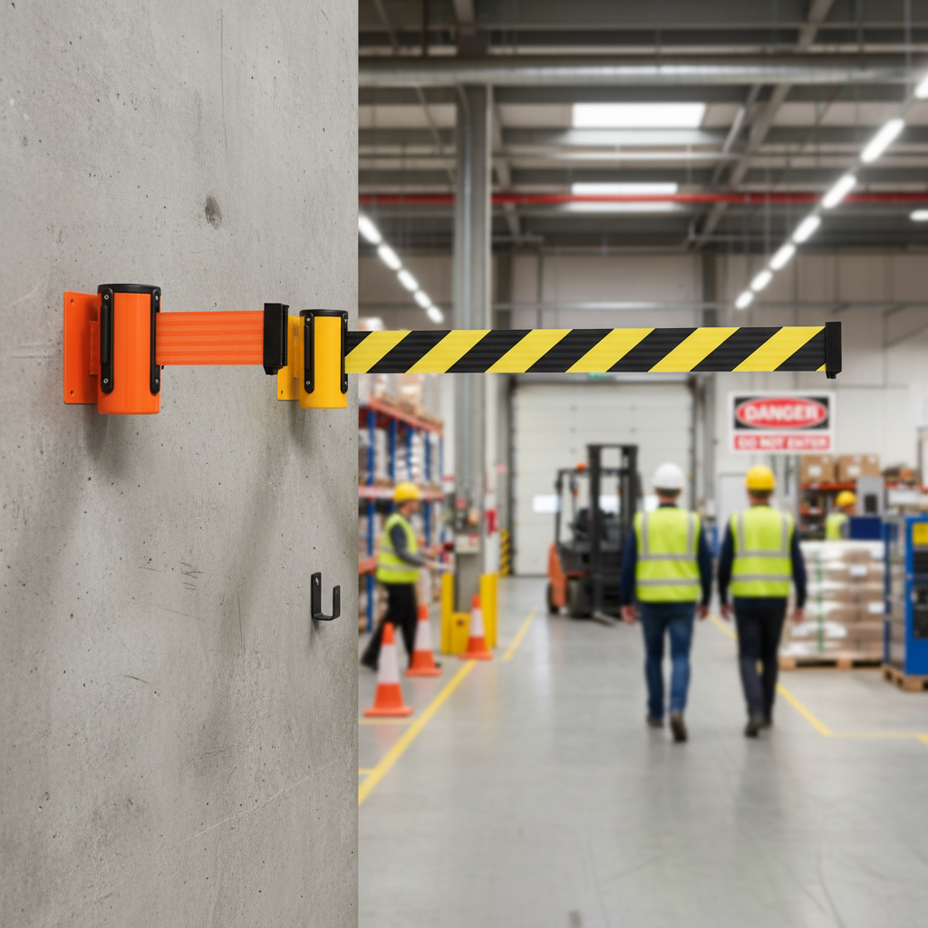 Premium 50mm Wall Mounted Belt Barrier System for Space-Saving Access Control in Factories,... - side view | Barriers Co