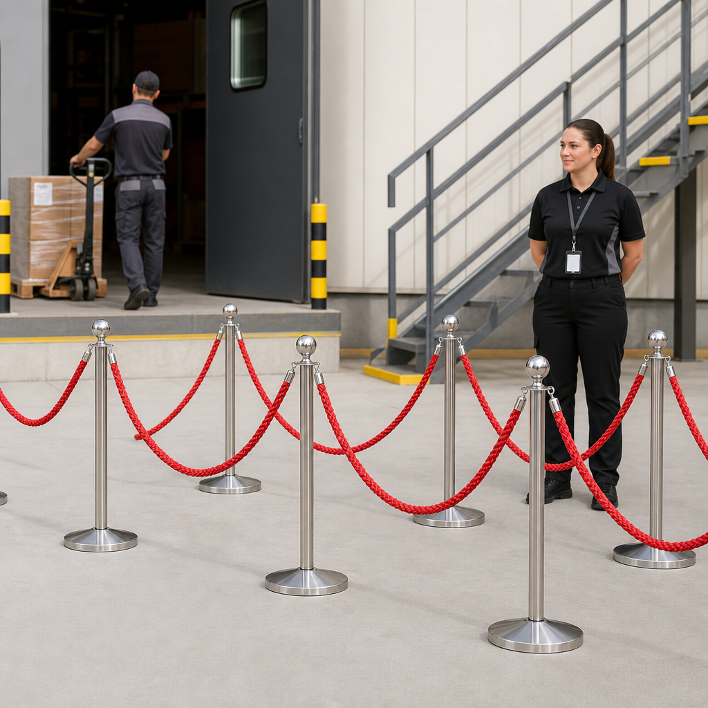 Silver Rope Barrier Set with Red Ropes for Event Management (Pack of 8)