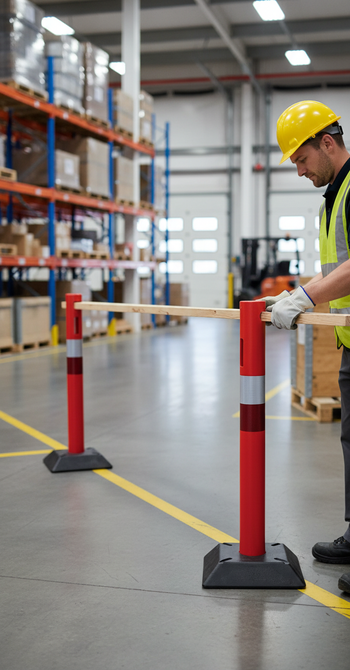 Premium Plastic Barrier Stanchion with 6 Holes for Cordoning Boards, UV-Resistant and Retroreflective Foil for Enhanced Visibility