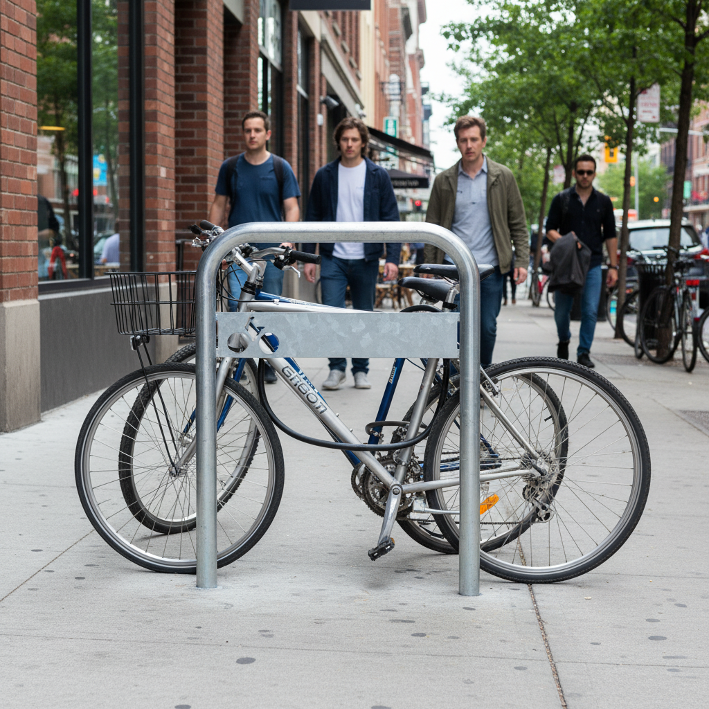 Premium Hoop Style Bike Stand with Galvanised Steel Frame and Sign Plate for Secure Parking - Detail View | Barriers Co
