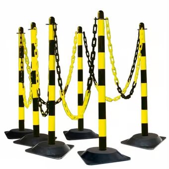 Yellow/Black Chain Post Kit: 6 Posts, 10m Chain, 10 Hooks, 10 Links - Recycled Rubber Base