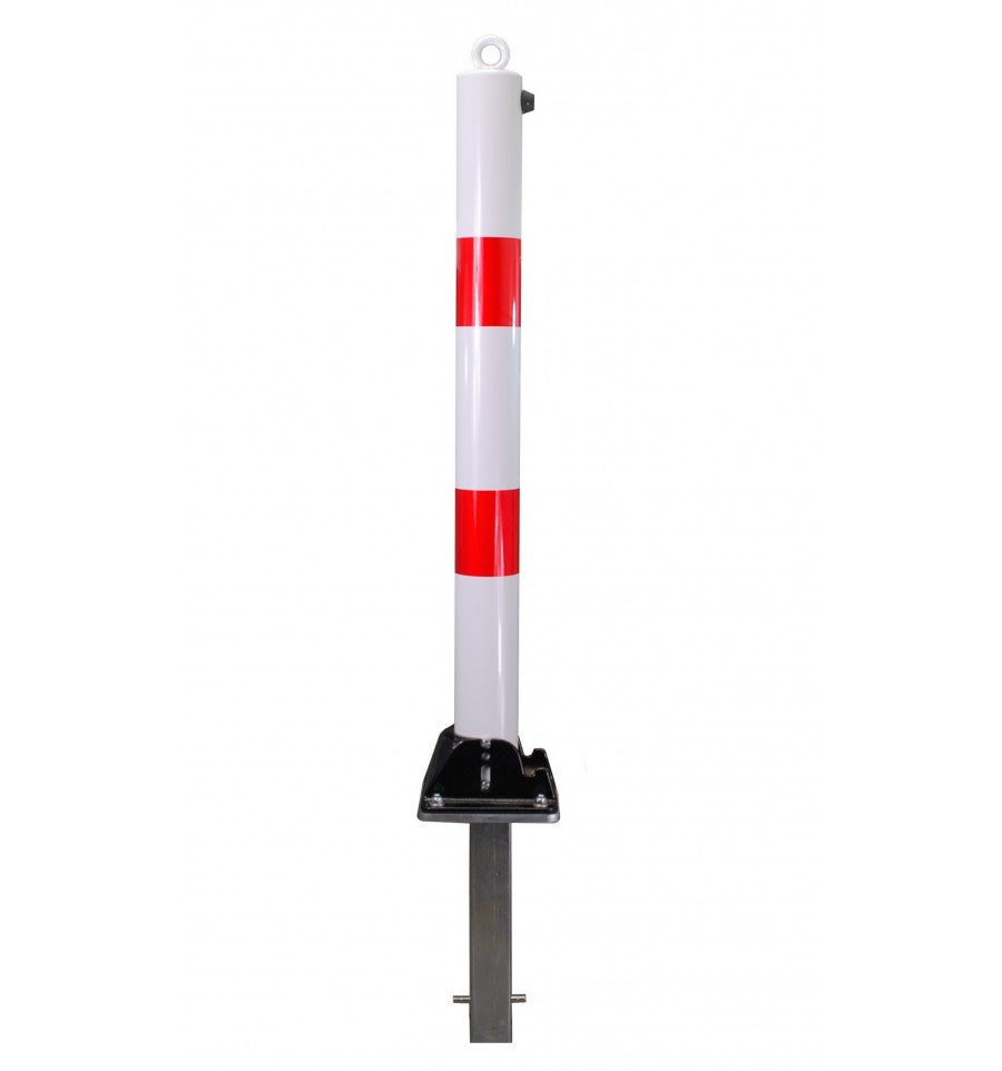 Dark Slate Gray White & Red Fold Down Parking Post With Ground Spigot, Integral Lock & Eyelet