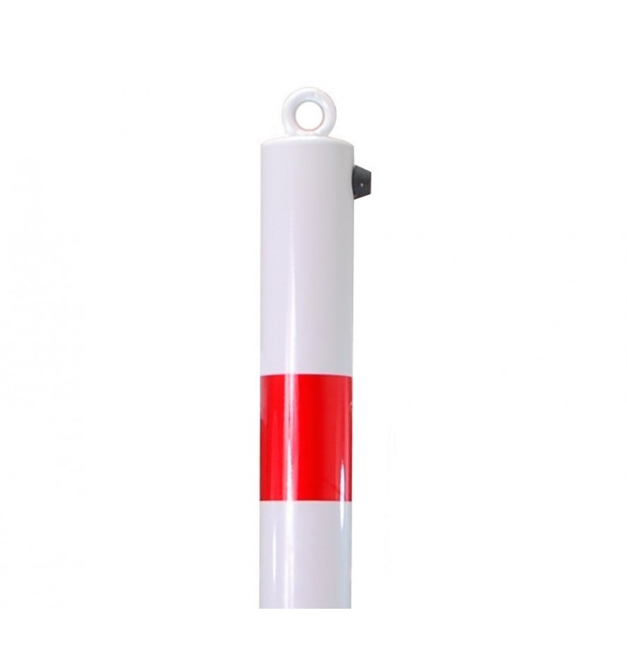 Light Gray White & Red Fold Down Parking Post With Ground Spigot, Integral Lock & Eyelet